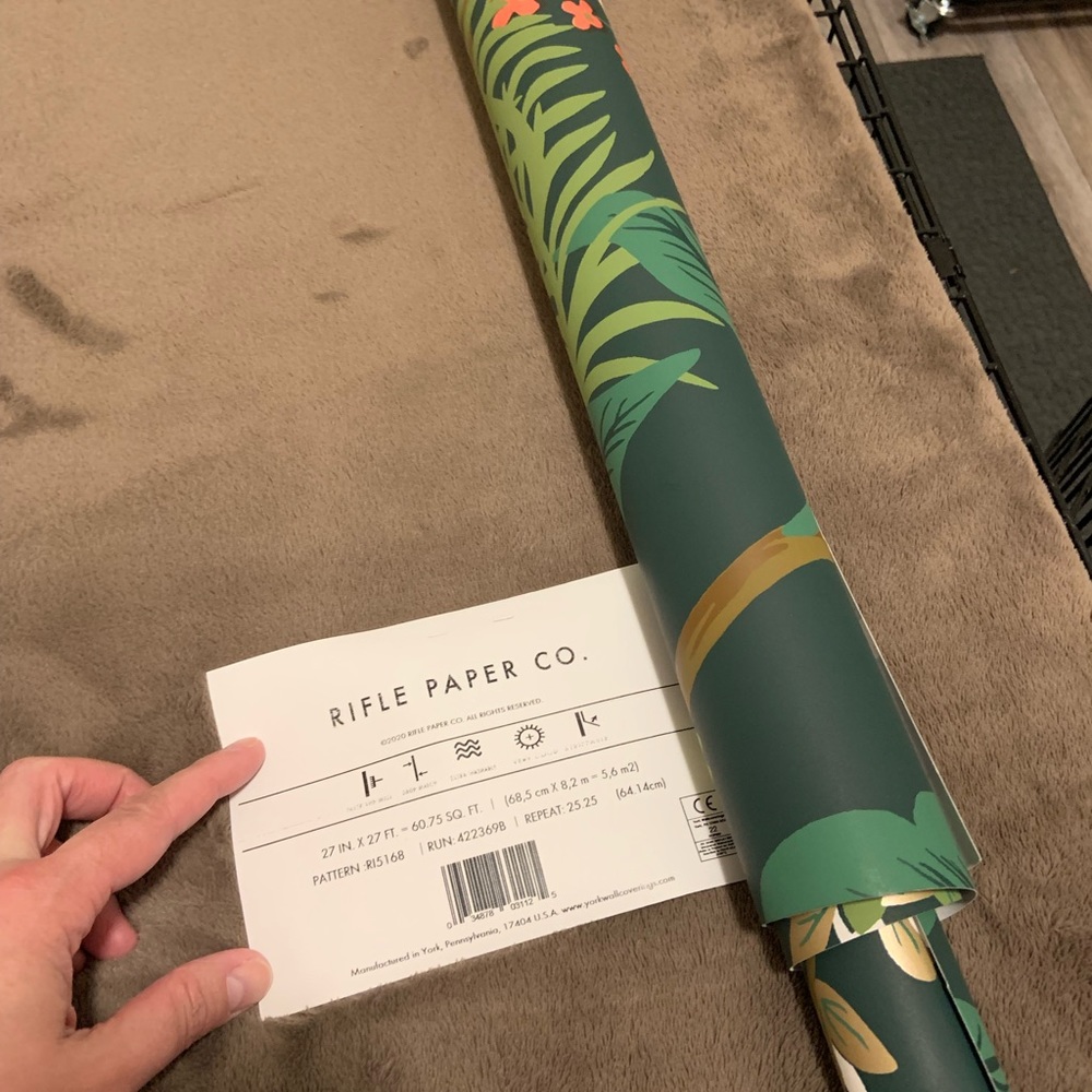 Leftover Rifle Paper Co. emerald peacock wallpaper (paste; NOT peel and stick)